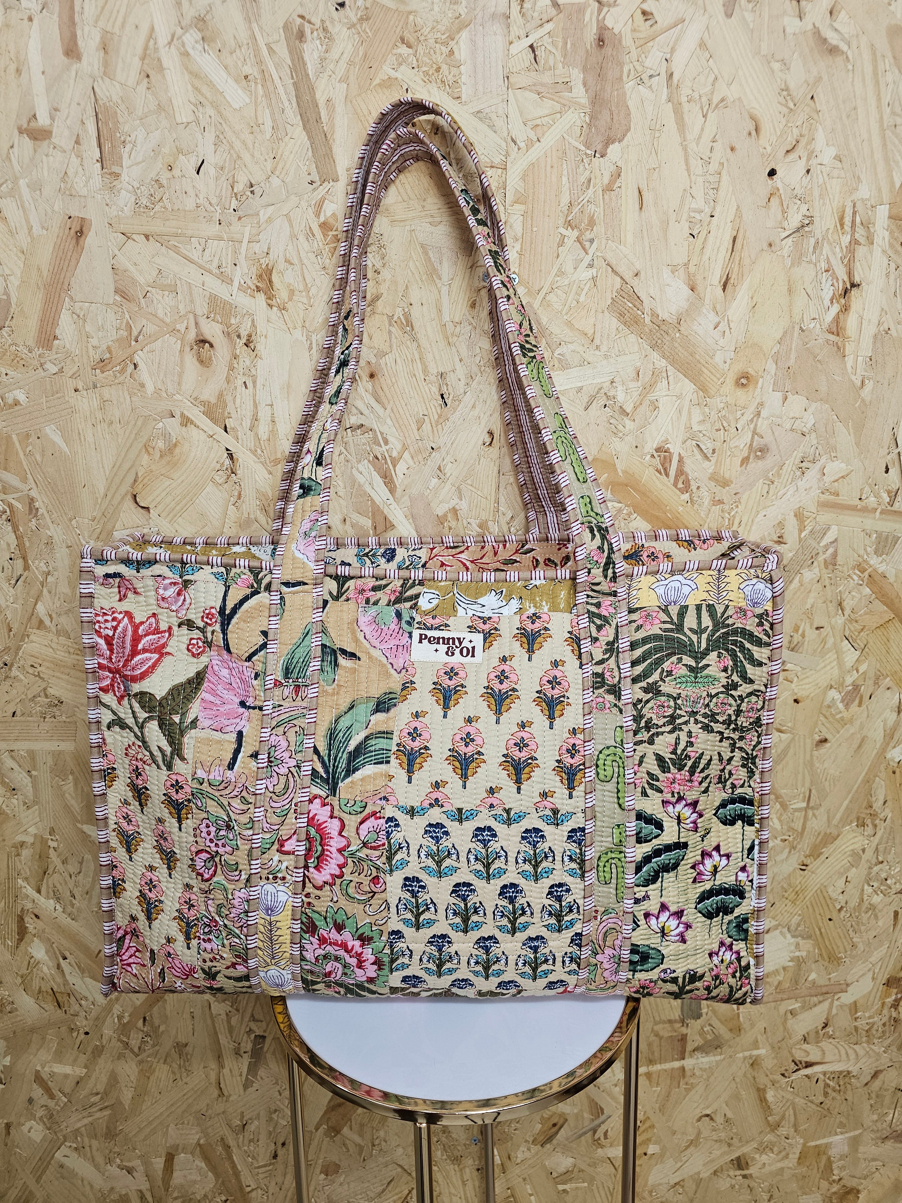 Beige Patchwork Large Tote Bag