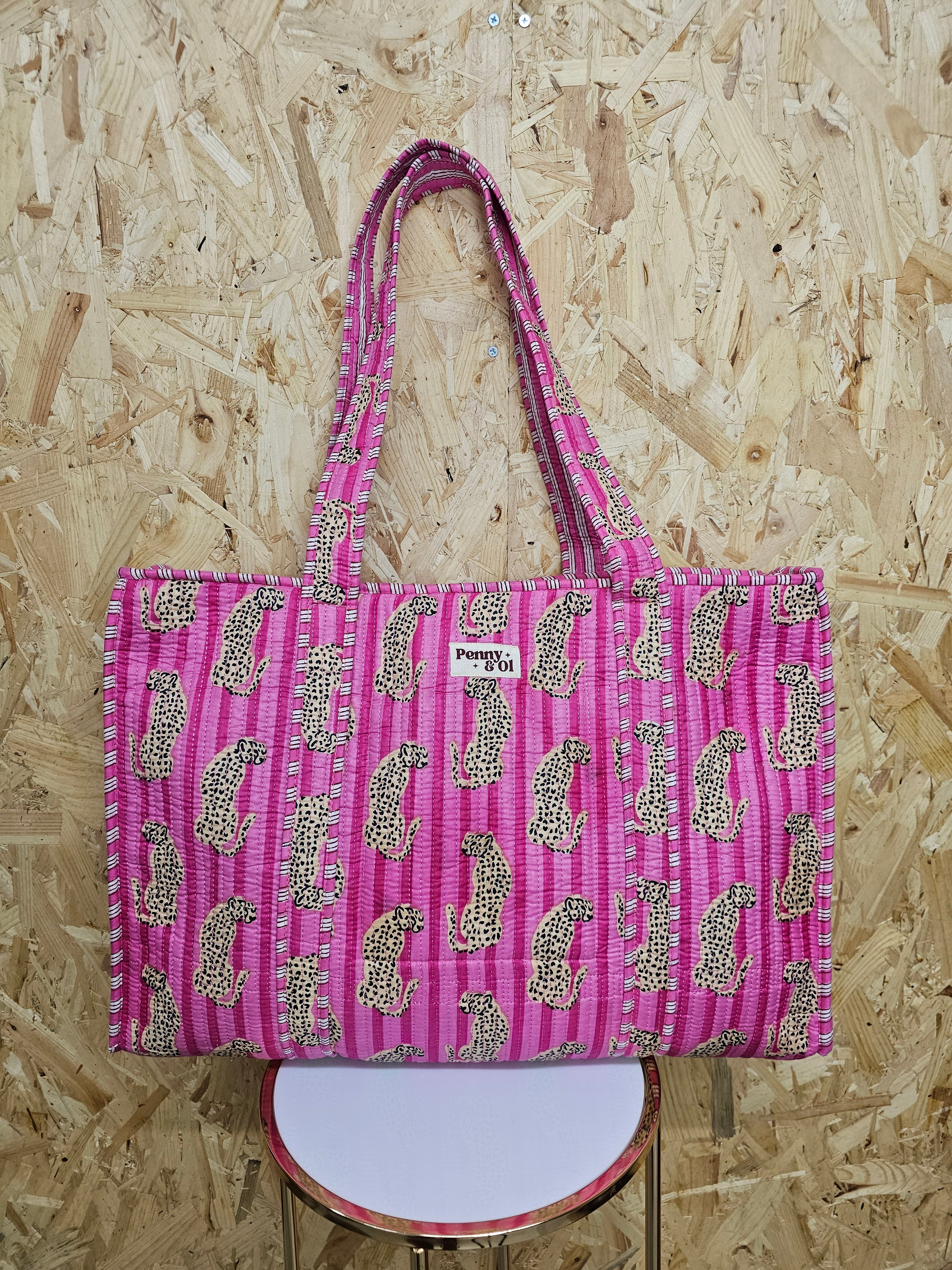 Pink Striped Leopard Large Tote Bag