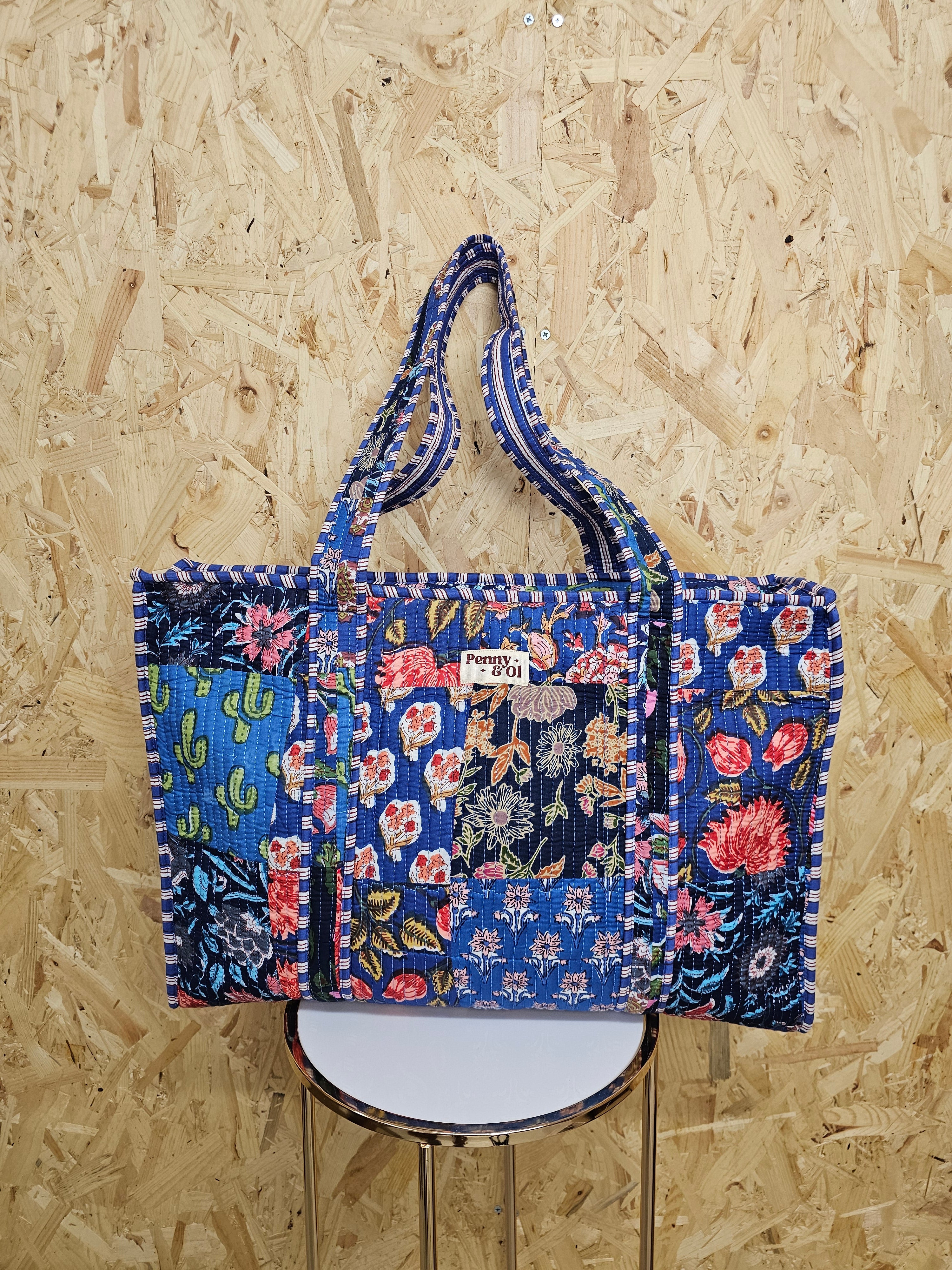 Blue Patchwork Large Tote Bag