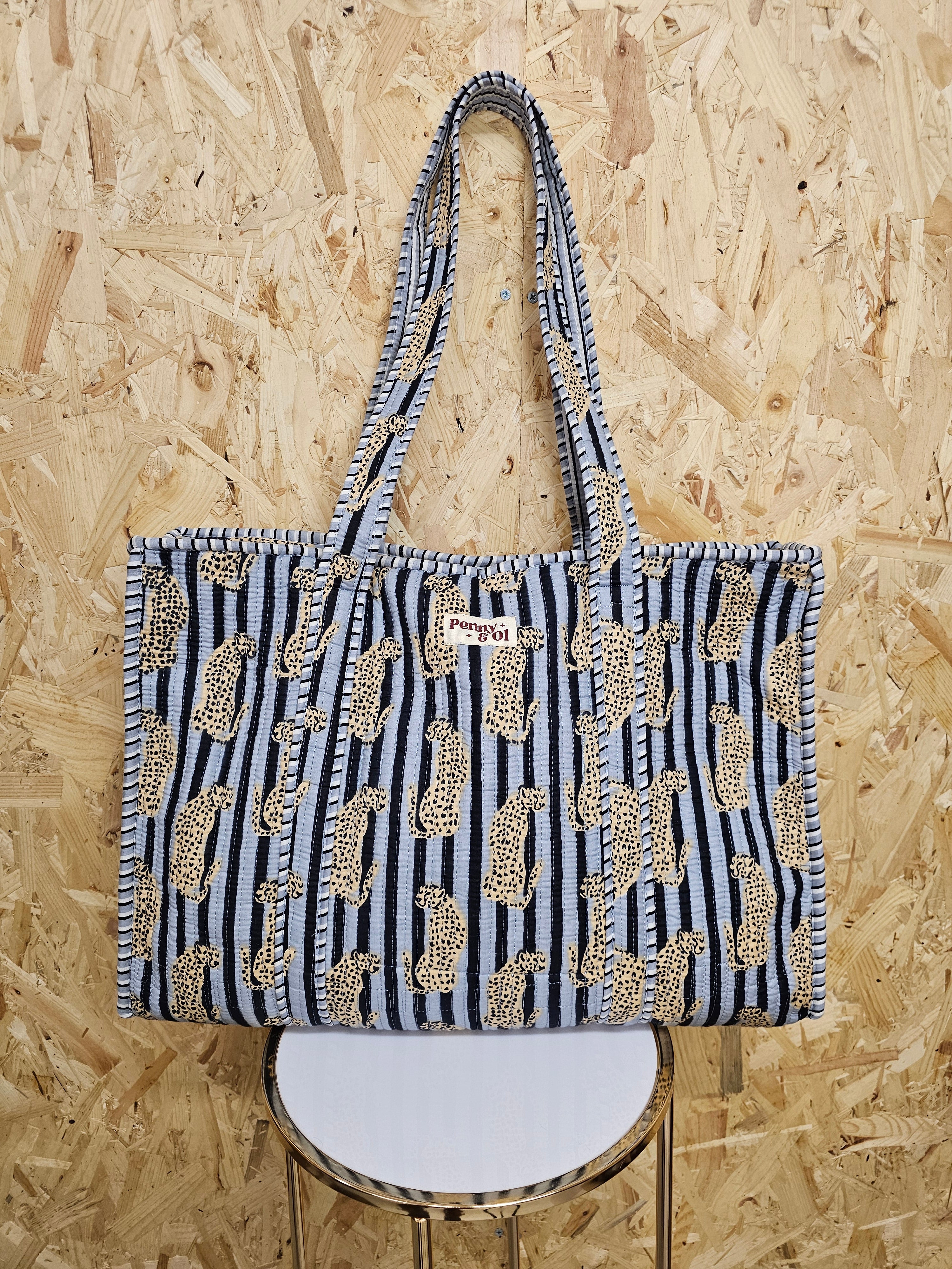 Grey Striped Leopard Large Tote Bag