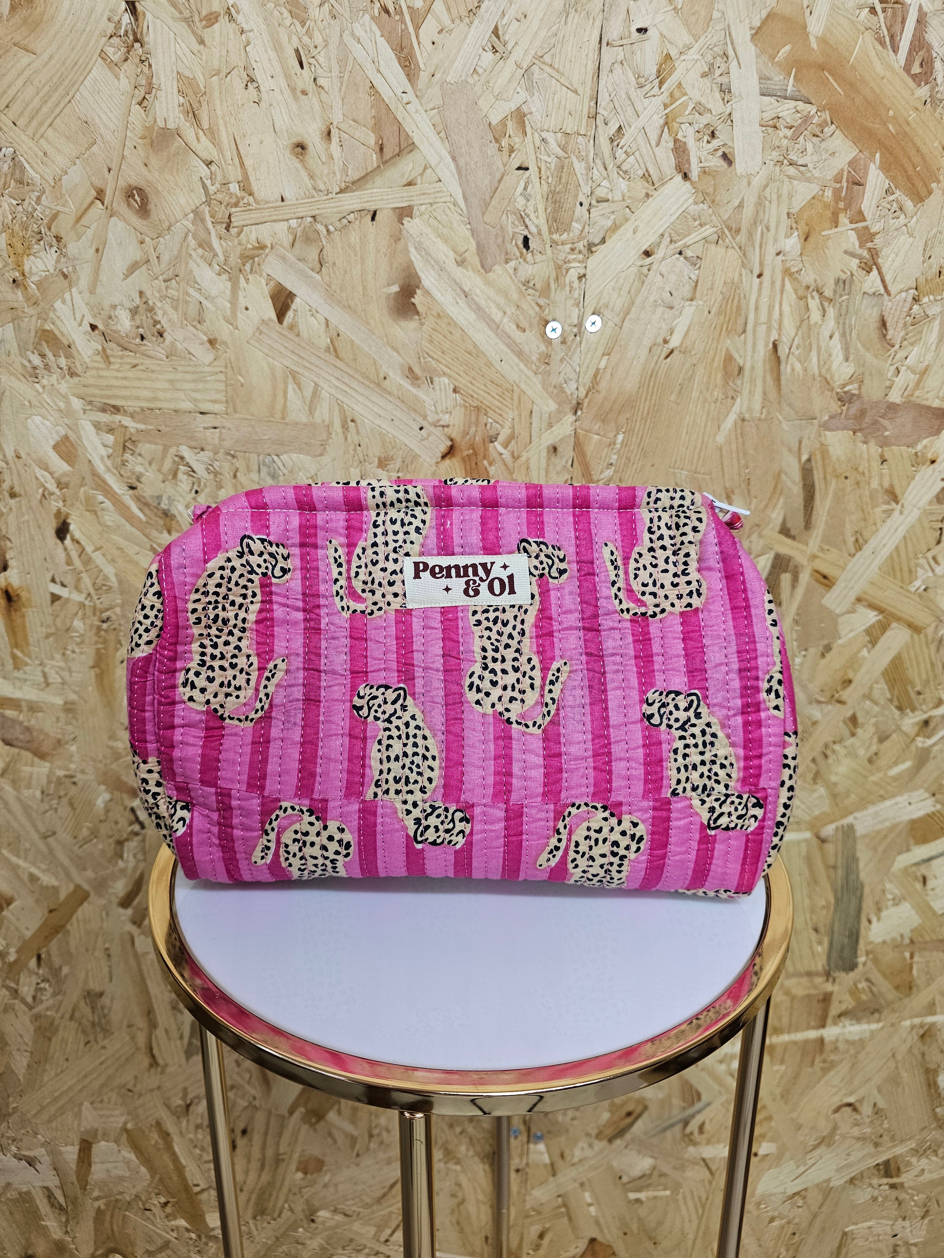 Pink Striped Leopard Travel Pouch, Waterproof Lining