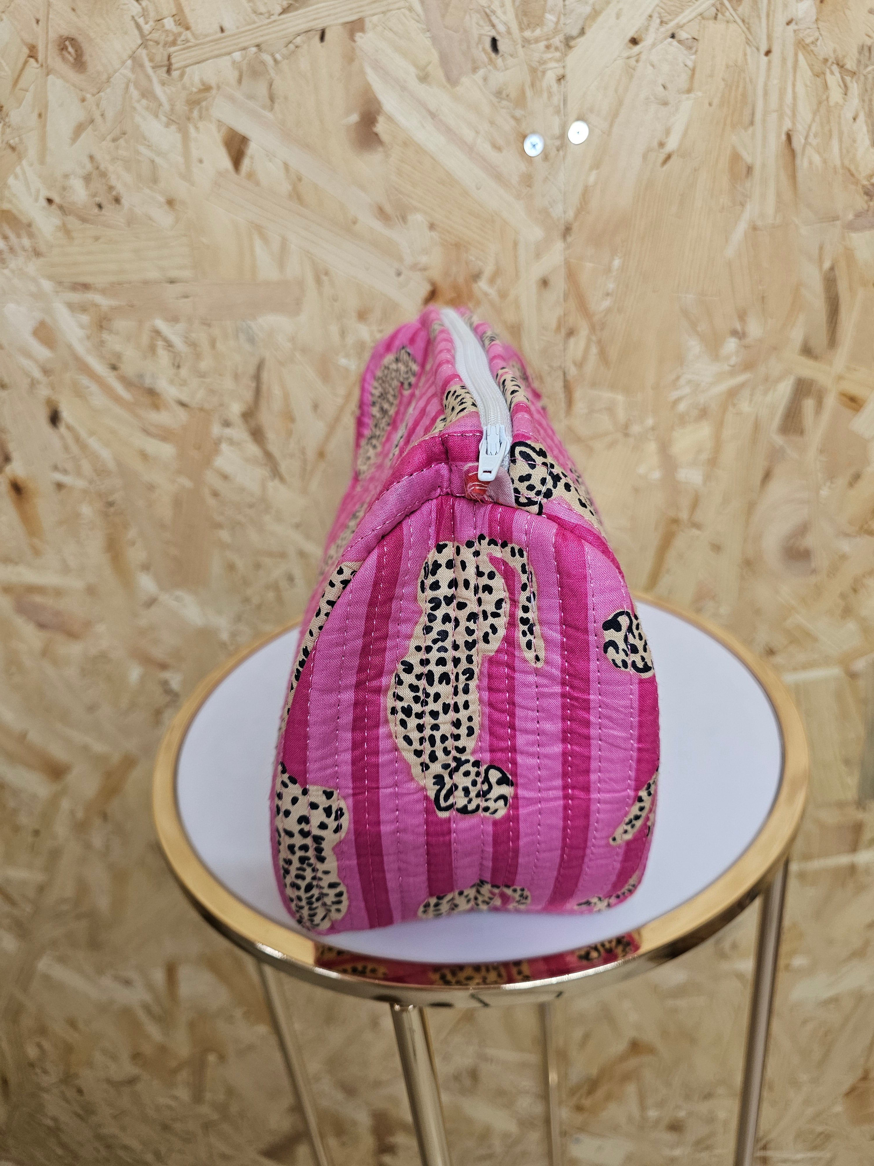Pink Striped Leopard Travel Pouch, Waterproof Lining