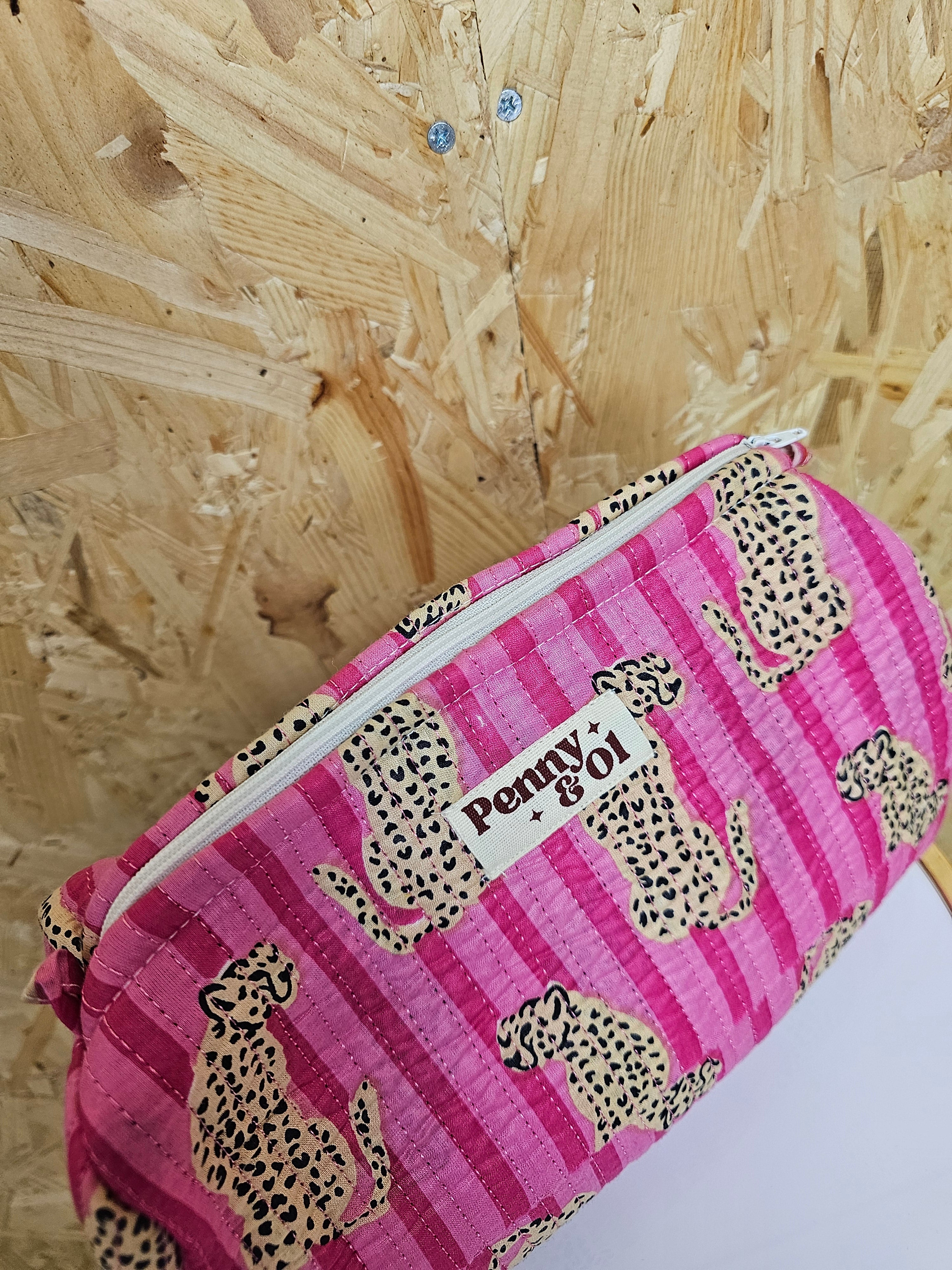 Pink Striped Leopard Travel Pouch, Waterproof Lining