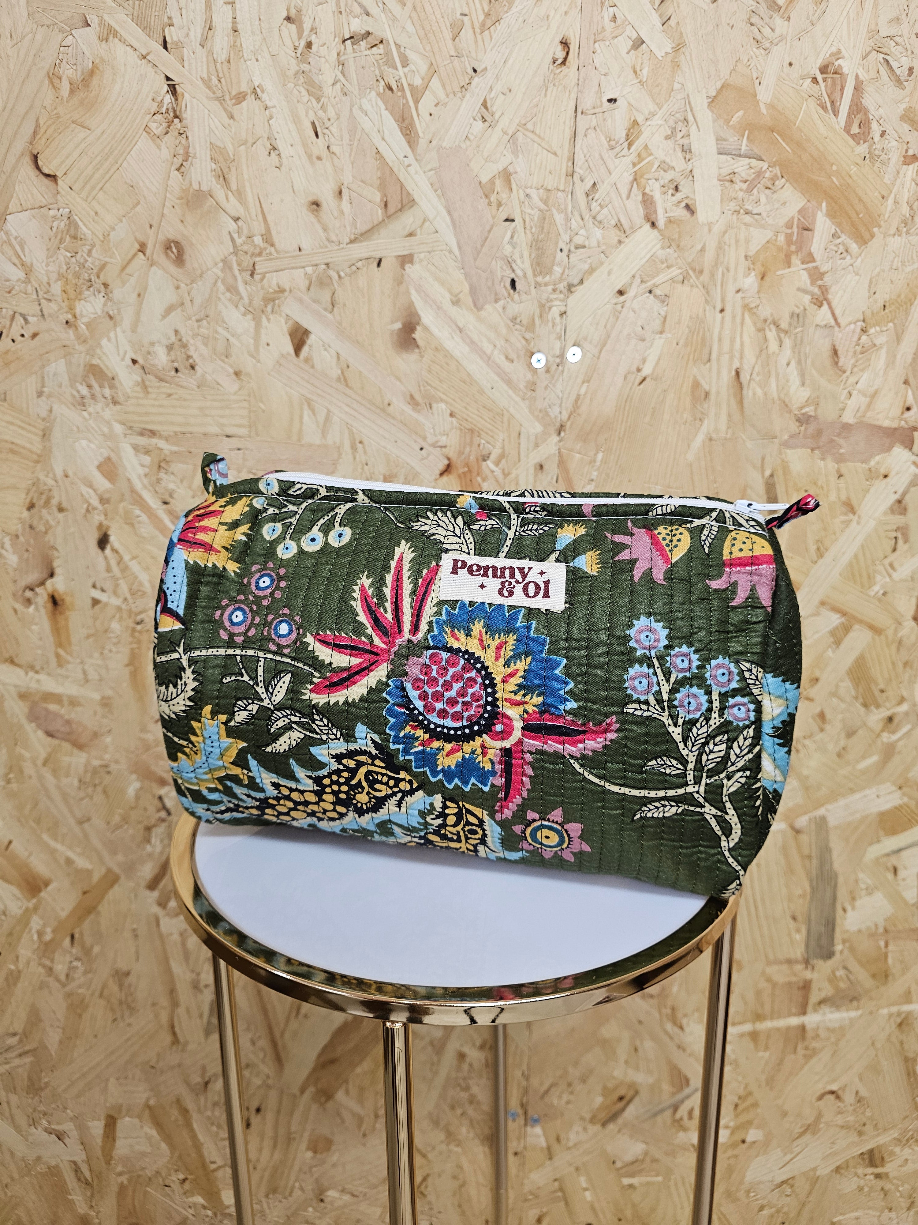 Khaki Floral Travel Pouch, Waterproof Lining