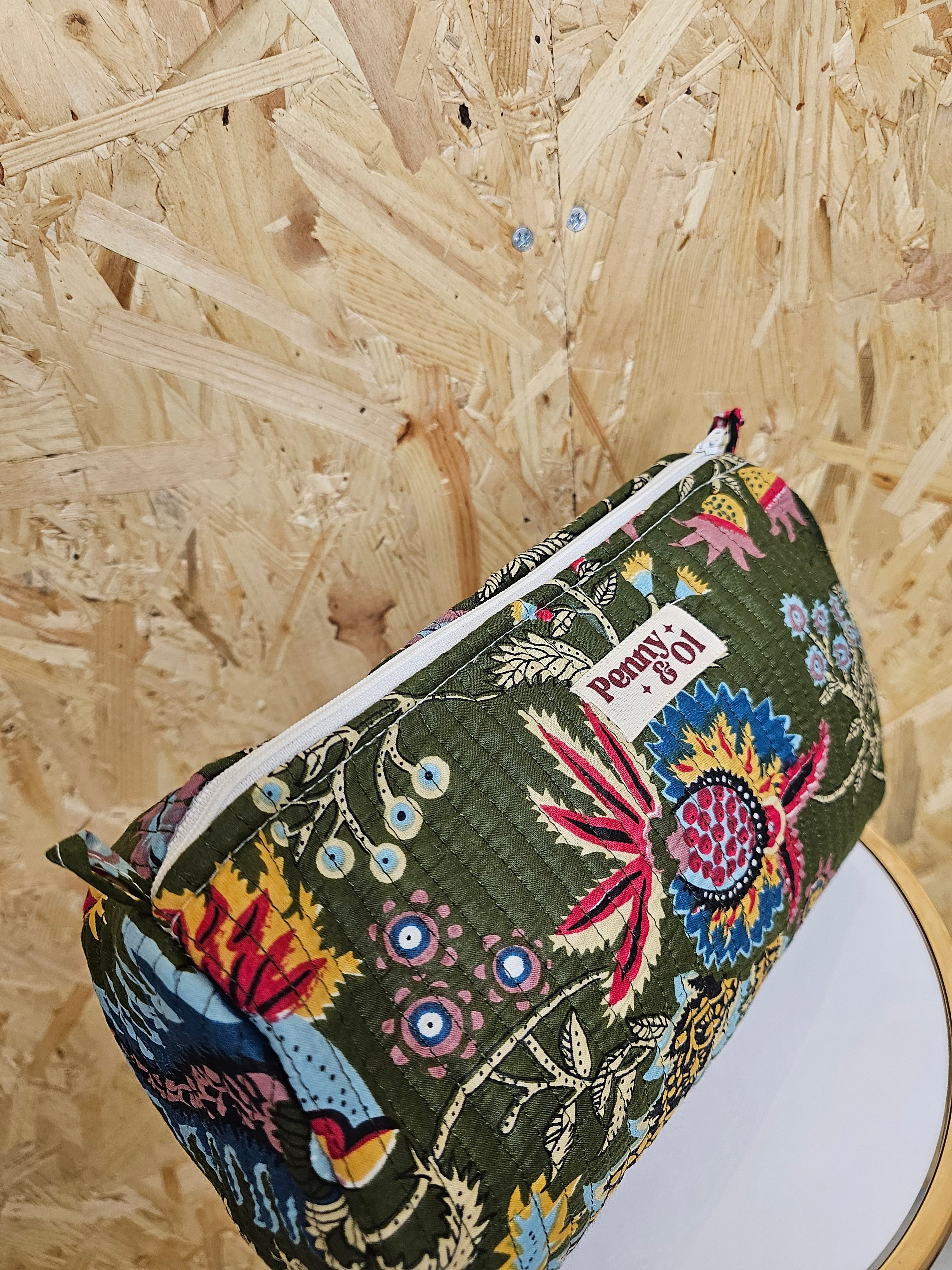 Khaki Floral Travel Pouch, Waterproof Lining