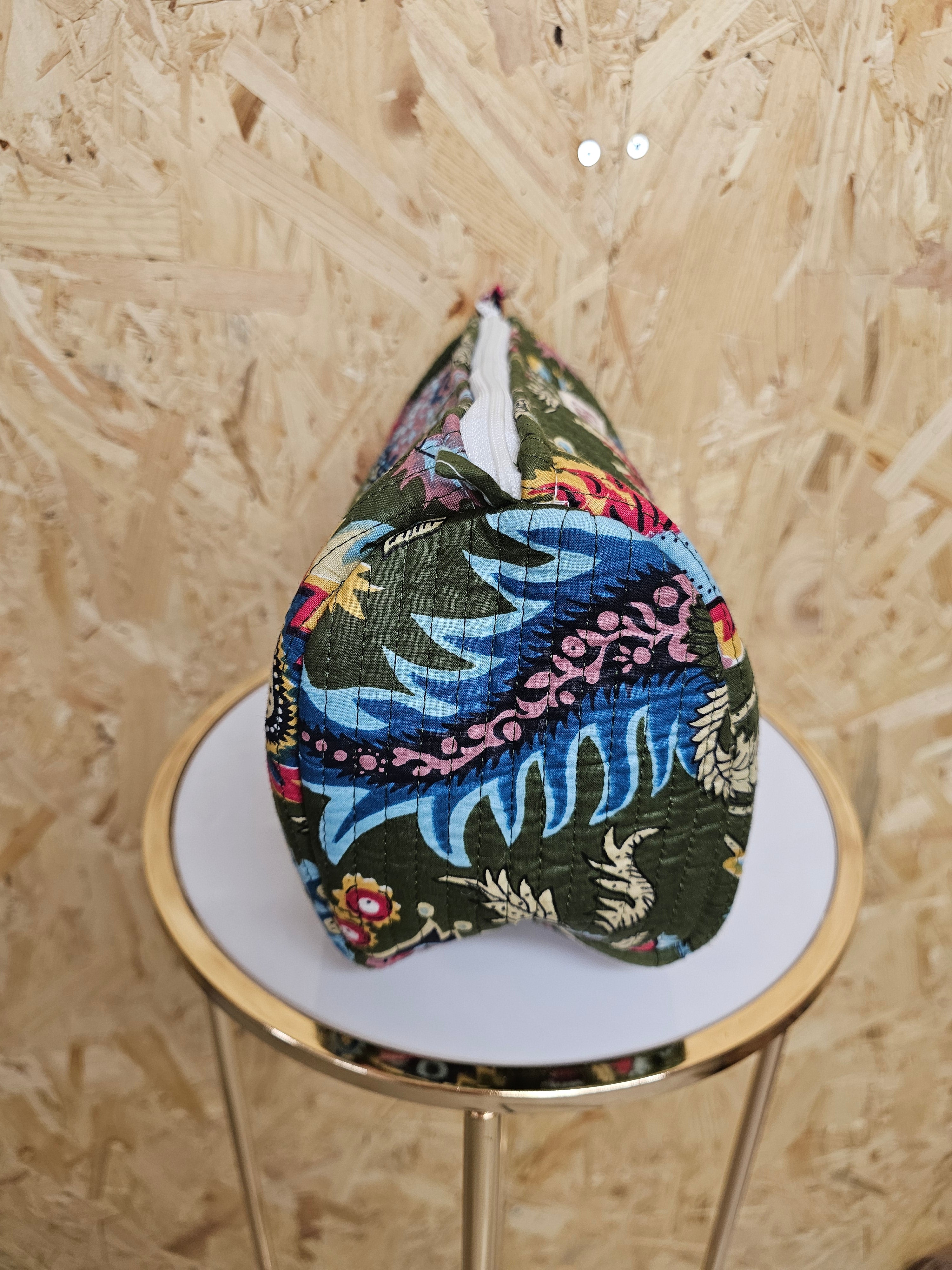 Khaki Floral Travel Pouch, Waterproof Lining