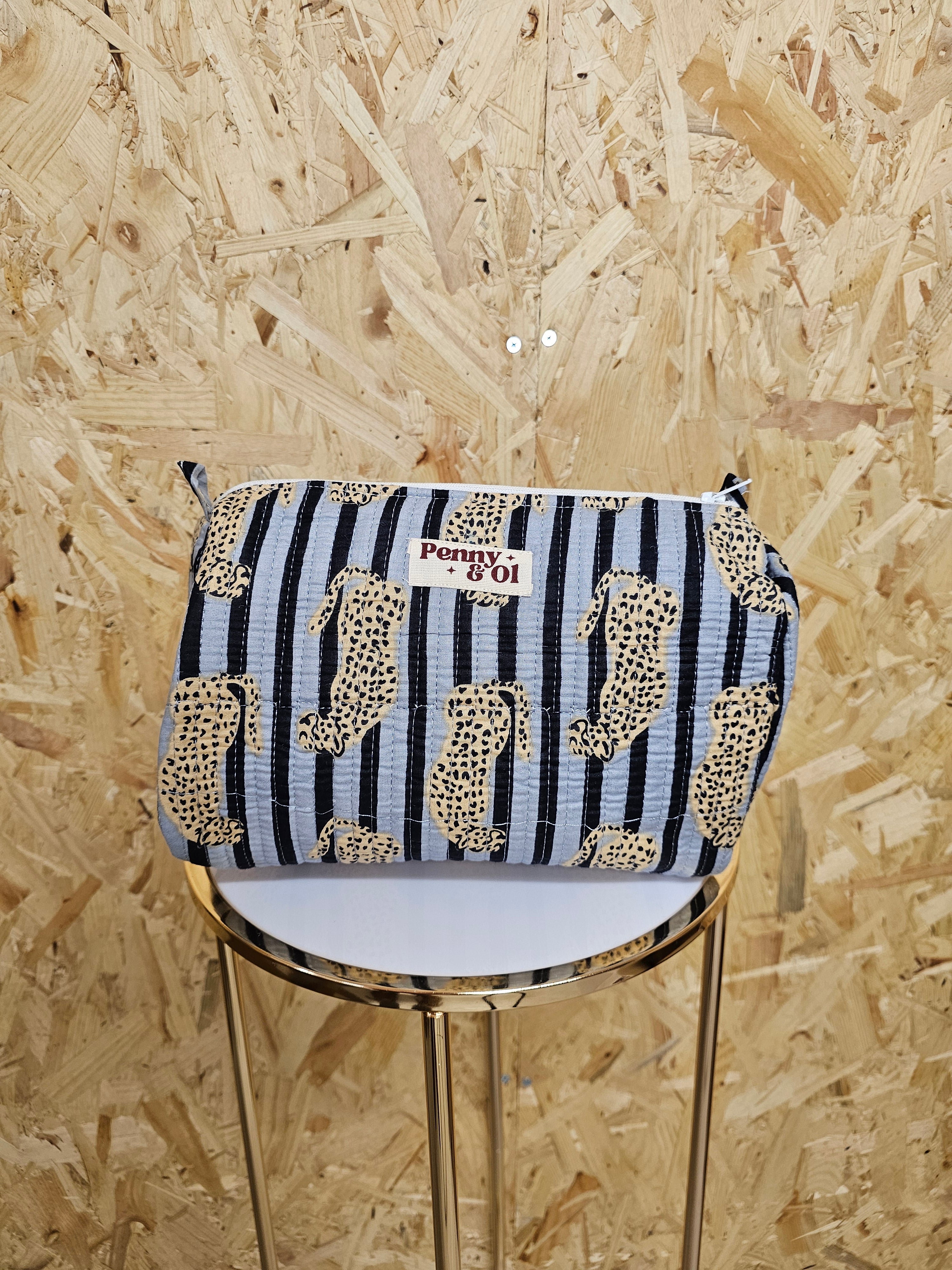 Grey Striped Leopard Travel Pouch, Waterproof Lining