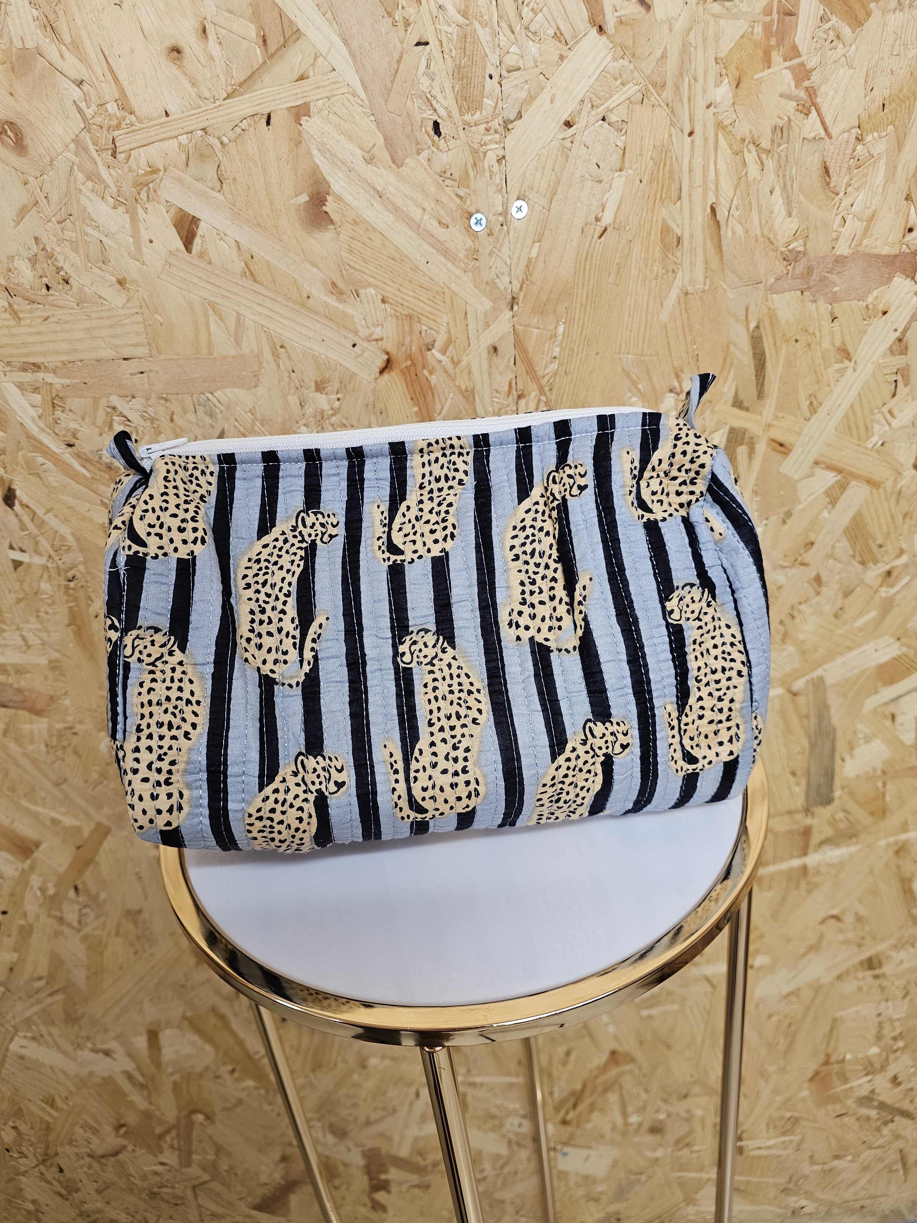 Grey Striped Leopard Travel Pouch, Waterproof Lining