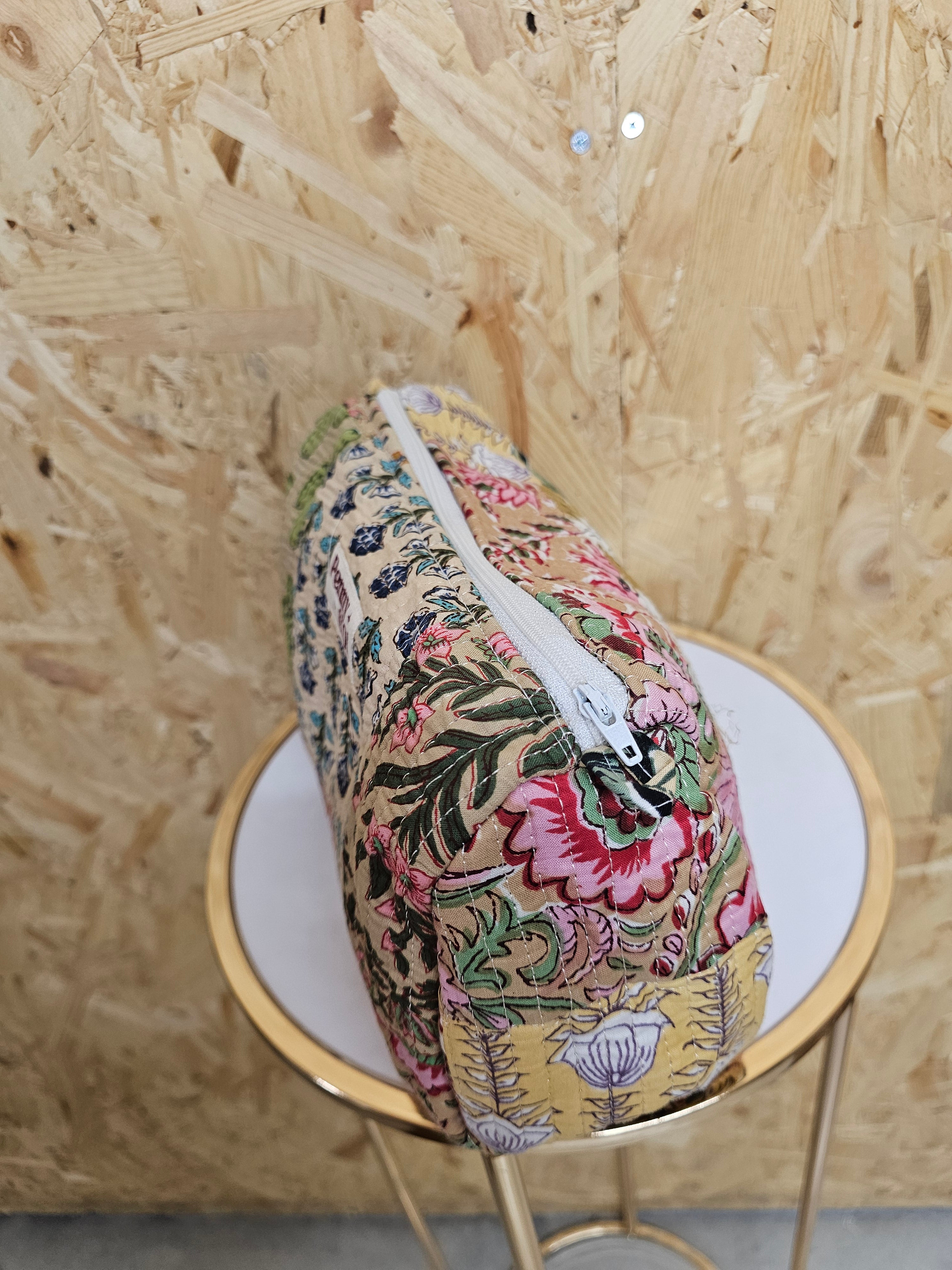Beige Patchwork Travel Pouch, Waterproof Lining