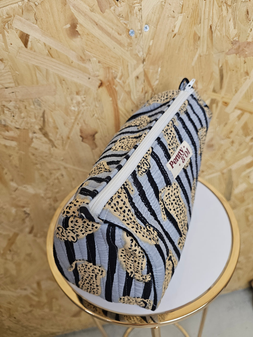 Grey Striped Leopard Travel Pouch, Waterproof Lining