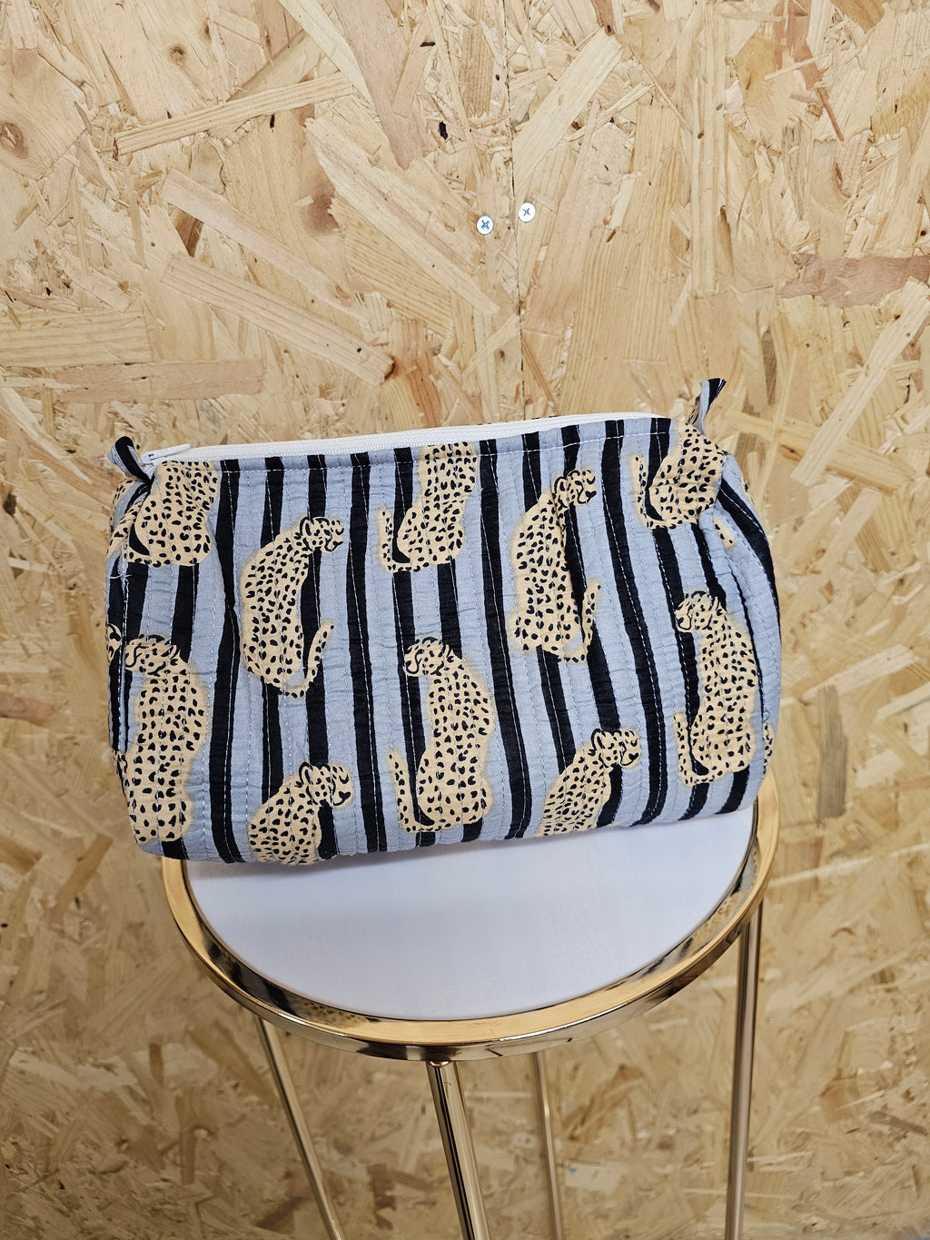 Grey Striped Leopard Travel Pouch, Waterproof Lining