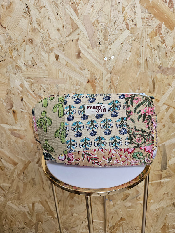 Beige Patchwork Travel Pouch, Waterproof Lining