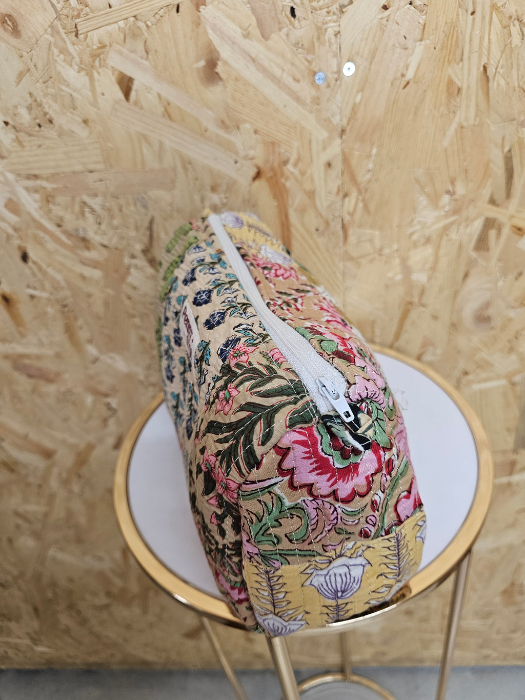 Beige Patchwork Travel Pouch, Waterproof Lining